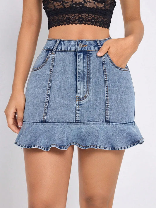Ruffled Hem Denim Mini Skirt with Pockets