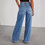 Loose Wide Leg Side Seam Splicing Brushed Hem Jeans