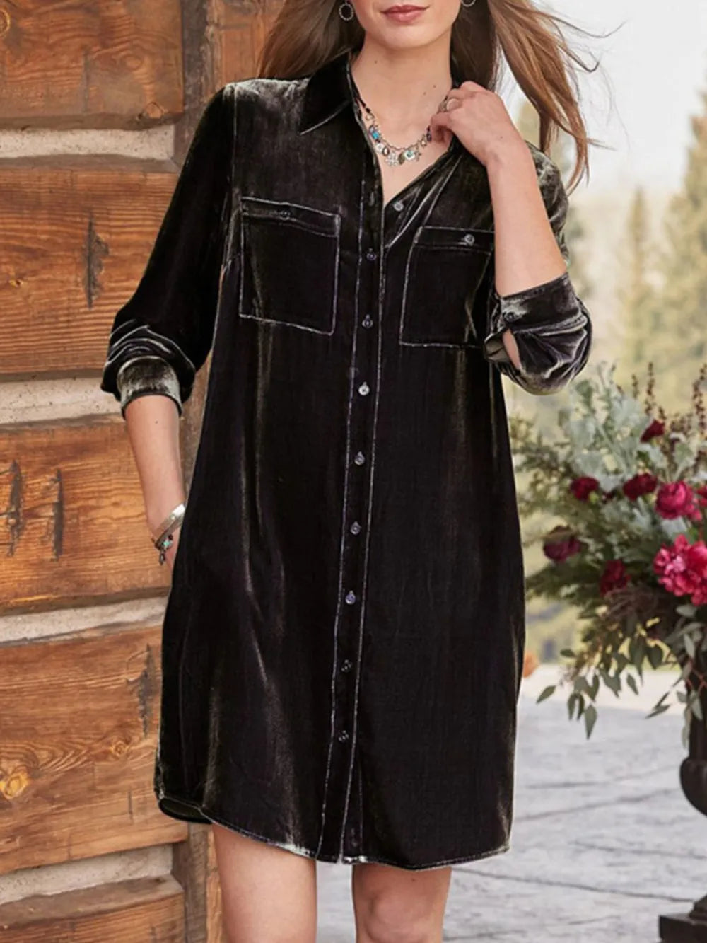 High-Low Button Up Long Sleeve Mid Length Dress