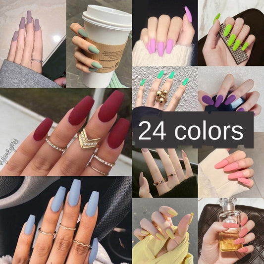 Fake Nails Set Stiletto Coffin Tips Press on Long False Nails with Glue 24 Beautiful Colors
