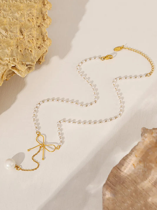 Gold Bow Long Chain Dangle Pearl Stainless Steel Necklace