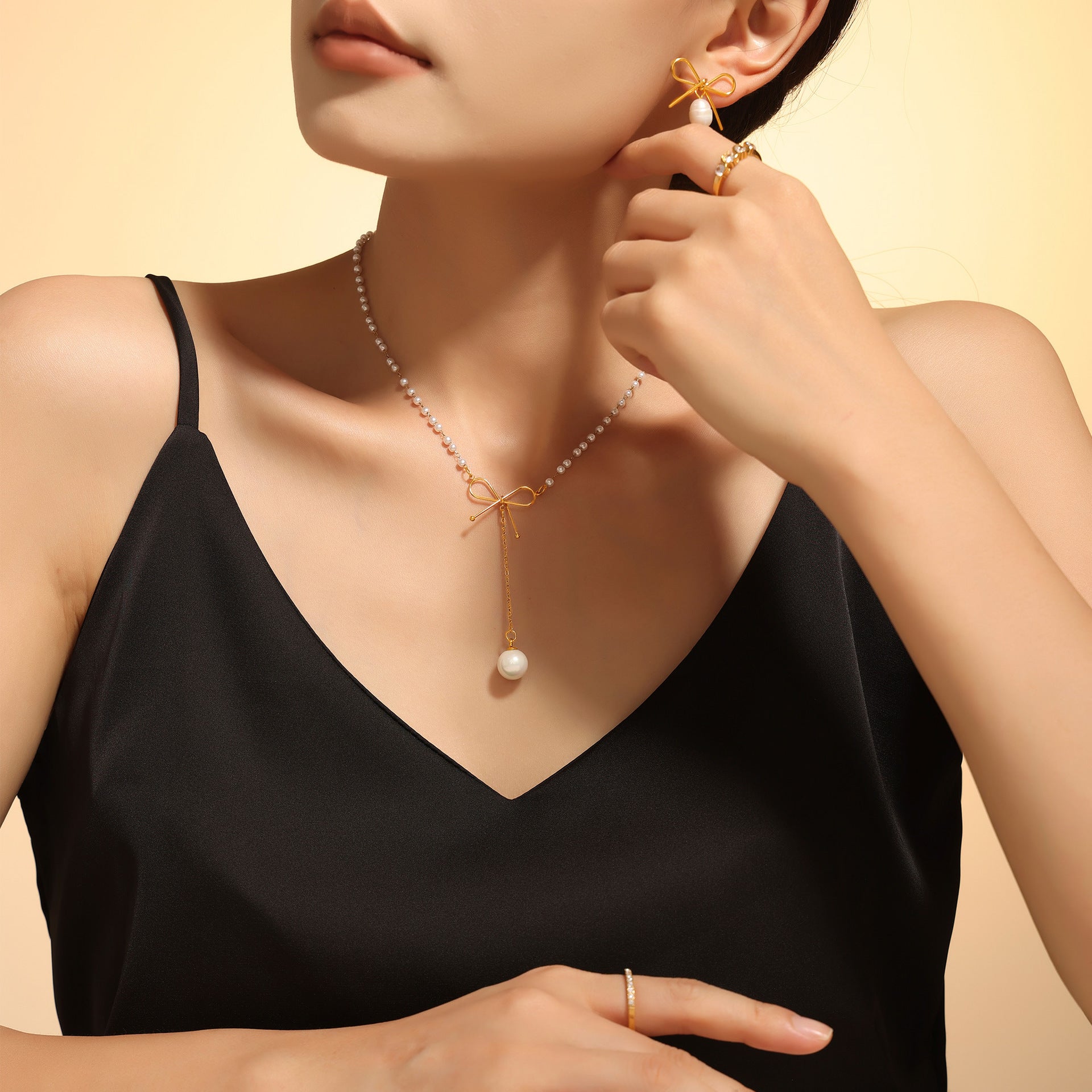 Gold Bow Long Chain Dangle Pearl Stainless Steel Necklace