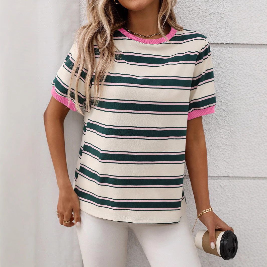 Round Neck Loose Top Striped Contrast Color T-shirt