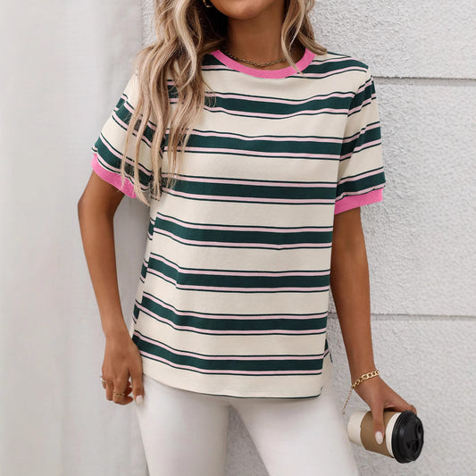 Round Neck Loose Top Striped Contrast Color T-shirt