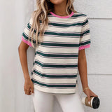 Round Neck Loose Top Striped Contrast Color T-shirt