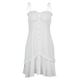 Summer White Button Up Ruffle Short Skirt Strap Dress