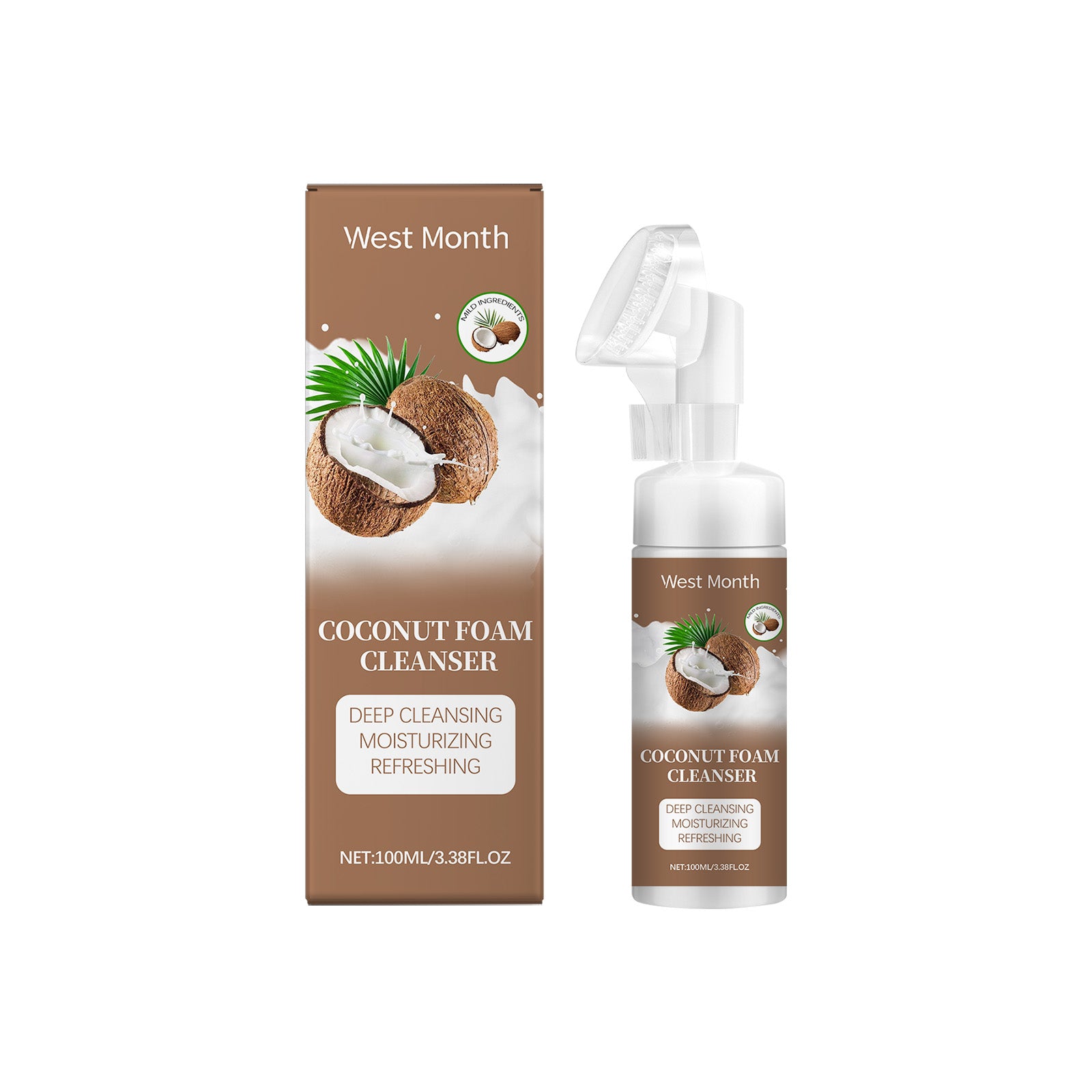 Natural Coconut Foam Cleanser, Refreshing Gentle Pore Cleanser with Brush