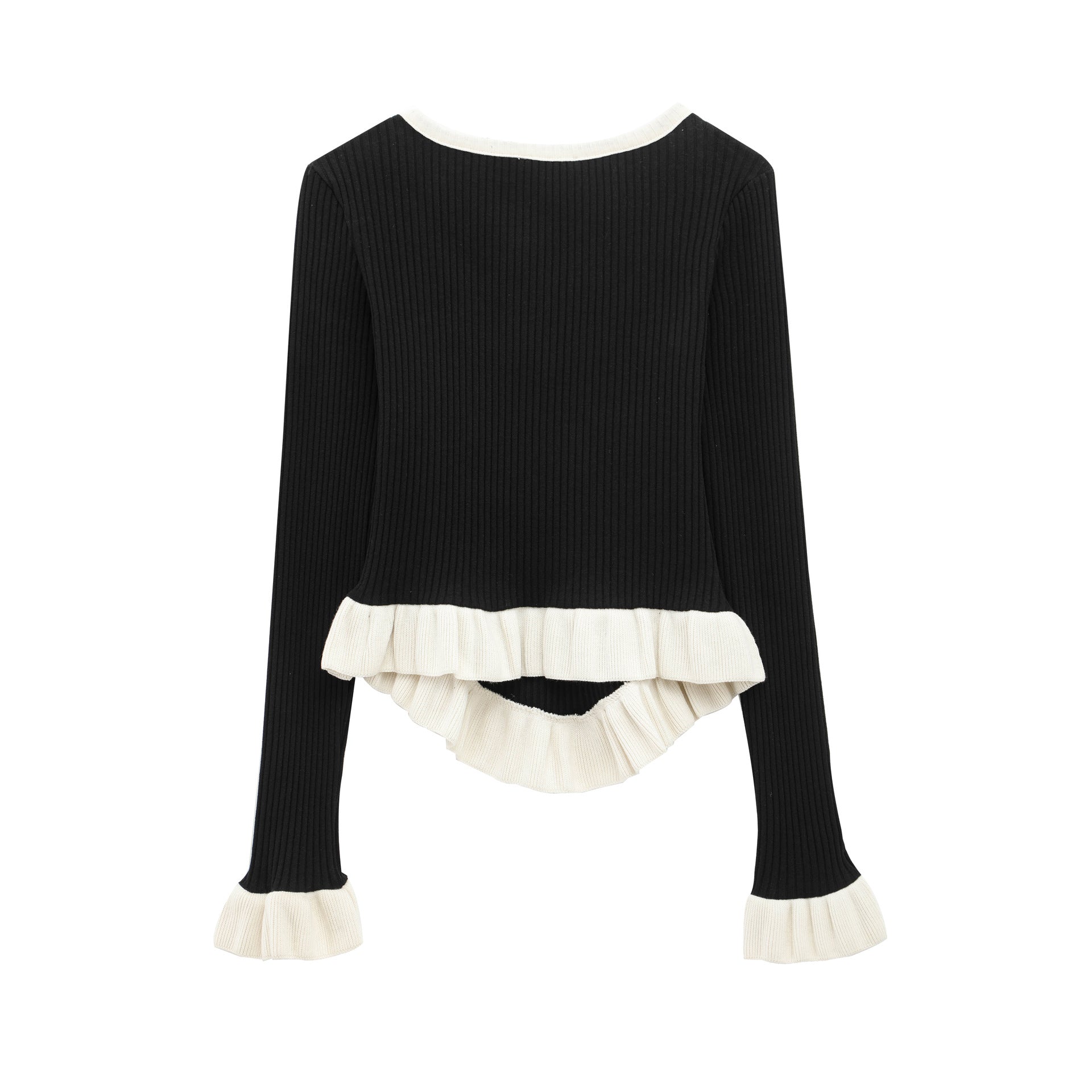 V-neck Ruffle Trim Stripe Knitted Long Sleeve Top