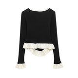 V-neck Ruffle Trim Stripe Knitted Long Sleeve Top