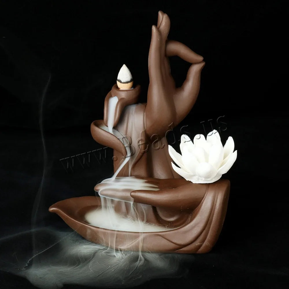 Traditional Buddha Hand Incense Burner Flower Lotus Smoke Waterfall Backflow Incense Burner Elegant Lotus Incense Holder
