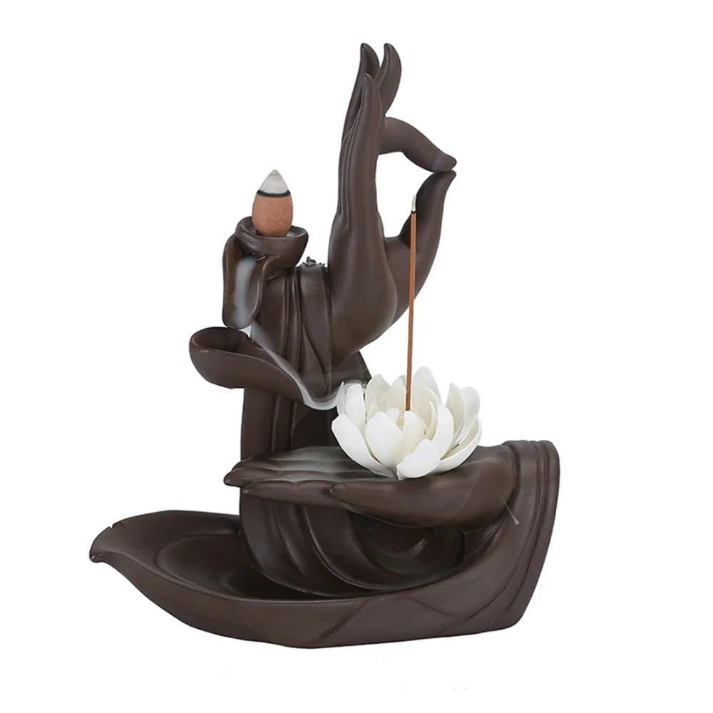 Traditional Buddha Hand Incense Burner Flower Lotus Smoke Waterfall Backflow Incense Burner Elegant Lotus Incense Holder