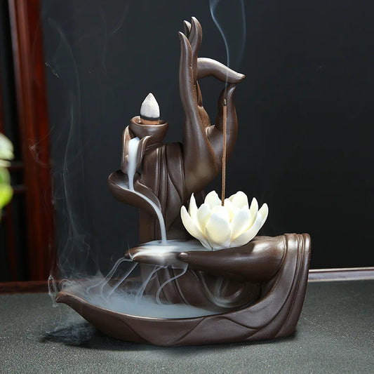 Traditional Buddha Hand Incense Burner Flower Lotus Smoke Waterfall Backflow Incense Burner Elegant Lotus Incense Holder