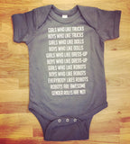 Robot Gender Roles Feminist Baby Bodysuit in Gray