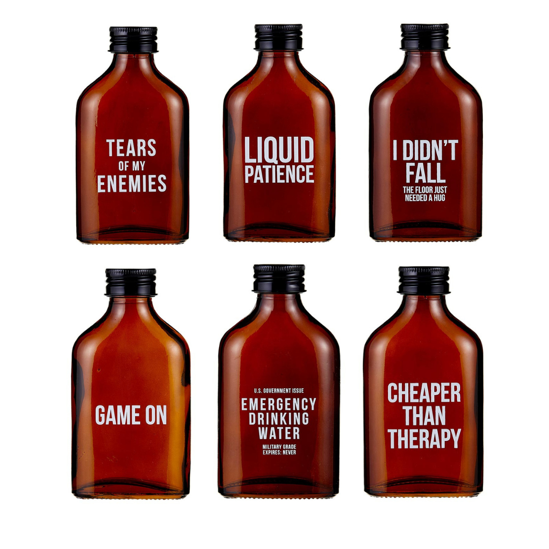 Set of 6 Amber Glass Mini Flasks | Tears of My Enemies, Liquid