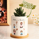 Personalized Mother's Garden ceramic pot with cartoon figures, a custom gift for Mom or Grandma.