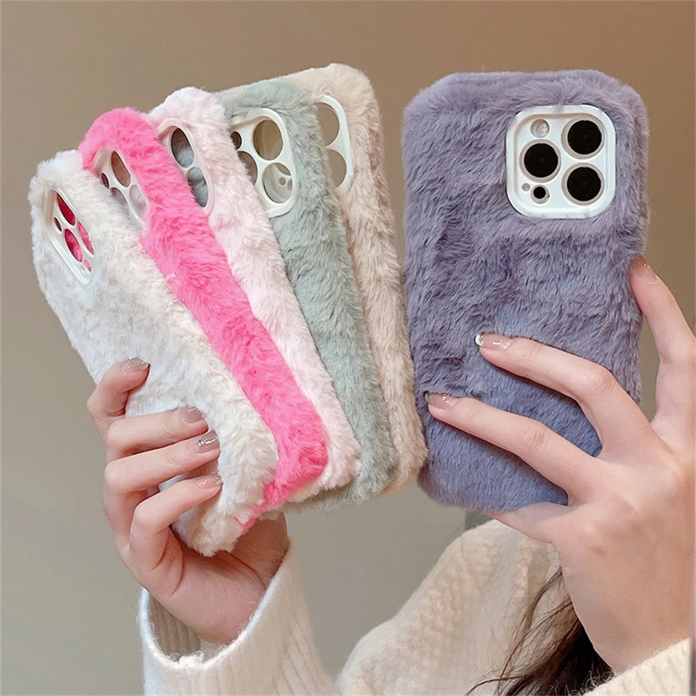Candy Color Warm Furry Phone Case For iPhone 11 12 13 Pro Max 14 Pro Max 14Plus Camera Lens Protection Soft TPU Back Cover