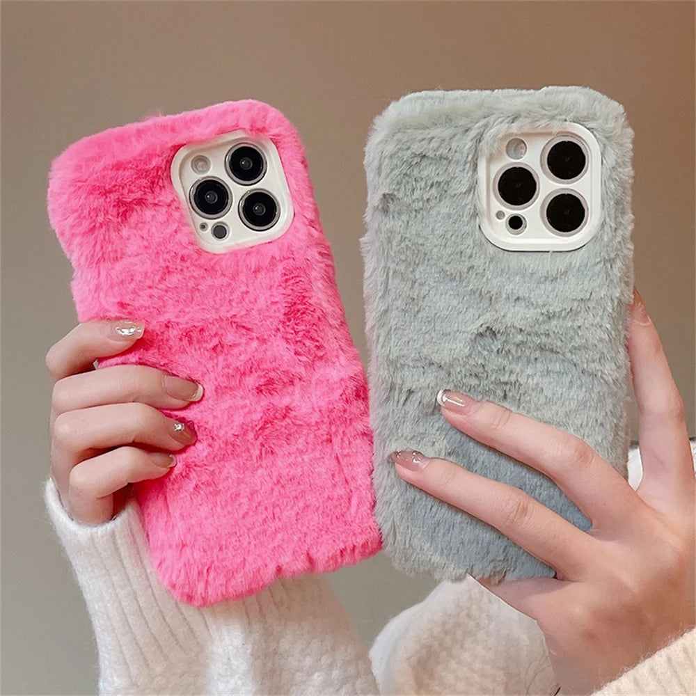 Candy Color Warm Furry Phone Case For iPhone 11 12 13 Pro Max 14 Pro Max 14Plus Camera Lens Protection Soft TPU Back Cover