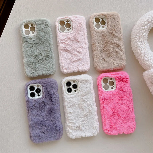 Candy Color Warm Furry Phone Case For iPhone 11 12 13 Pro Max 14 Pro Max 14Plus Camera Lens Protection Soft TPU Back Cover