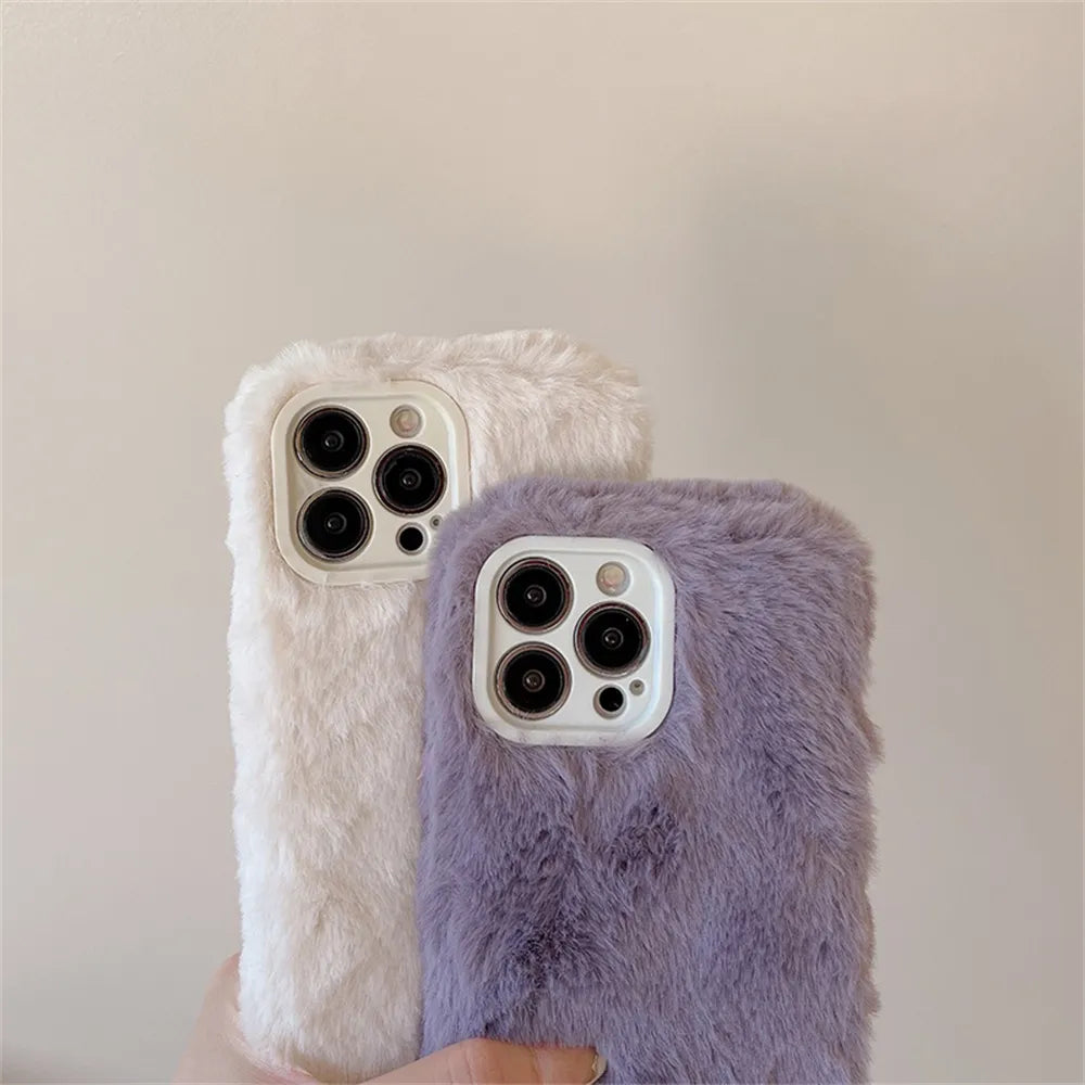 Candy Color Warm Furry Phone Case For iPhone 11 12 13 Pro Max 14 Pro Max 14Plus Camera Lens Protection Soft TPU Back Cover