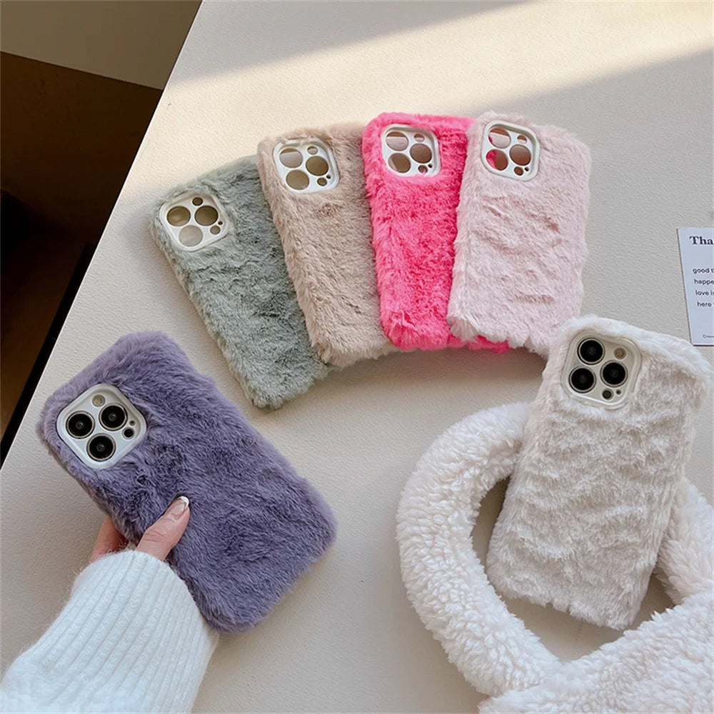Candy Color Warm Furry Phone Case For iPhone 11 12 13 Pro Max 14 Pro Max 14Plus Camera Lens Protection Soft TPU Back Cover
