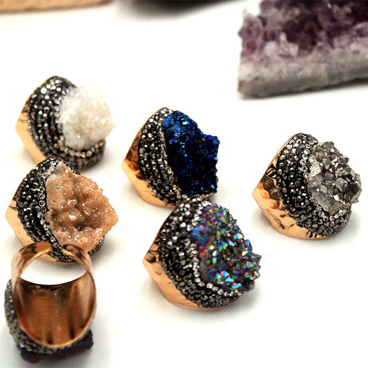 Natural Crystal Geode Cluster Ring, Beautiful Stone Cluster with Diamonds, Geode Gold-Plated Handmade Ring