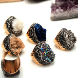 Natural Crystal Geode Cluster Ring, Beautiful Stone Cluster with Diamonds, Geode Gold-Plated Handmade Ring