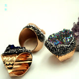Natural Crystal Geode Cluster Ring, Beautiful Stone Cluster with Diamonds, Geode Gold-Plated Handmade Ring