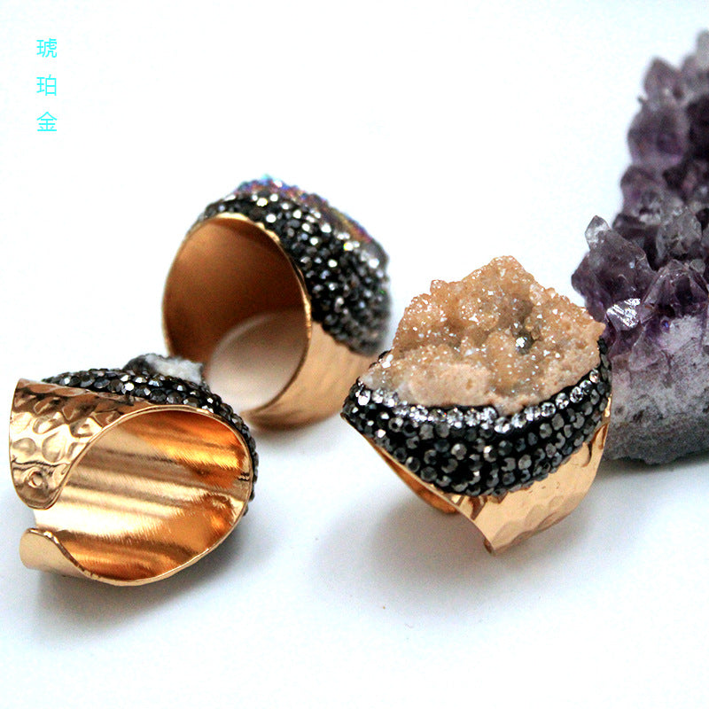 Natural Crystal Geode Cluster Ring, Beautiful Stone Cluster with Diamonds, Geode Gold-Plated Handmade Ring