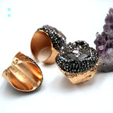Natural Crystal Geode Cluster Ring, Beautiful Stone Cluster with Diamonds, Geode Gold-Plated Handmade Ring