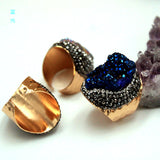 Natural Crystal Geode Cluster Ring, Beautiful Stone Cluster with Diamonds, Geode Gold-Plated Handmade Ring