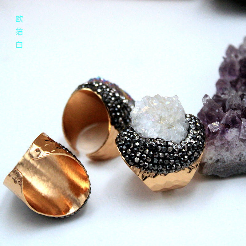 Natural Crystal Geode Cluster Ring, Beautiful Stone Cluster with Diamonds, Geode Gold-Plated Handmade Ring