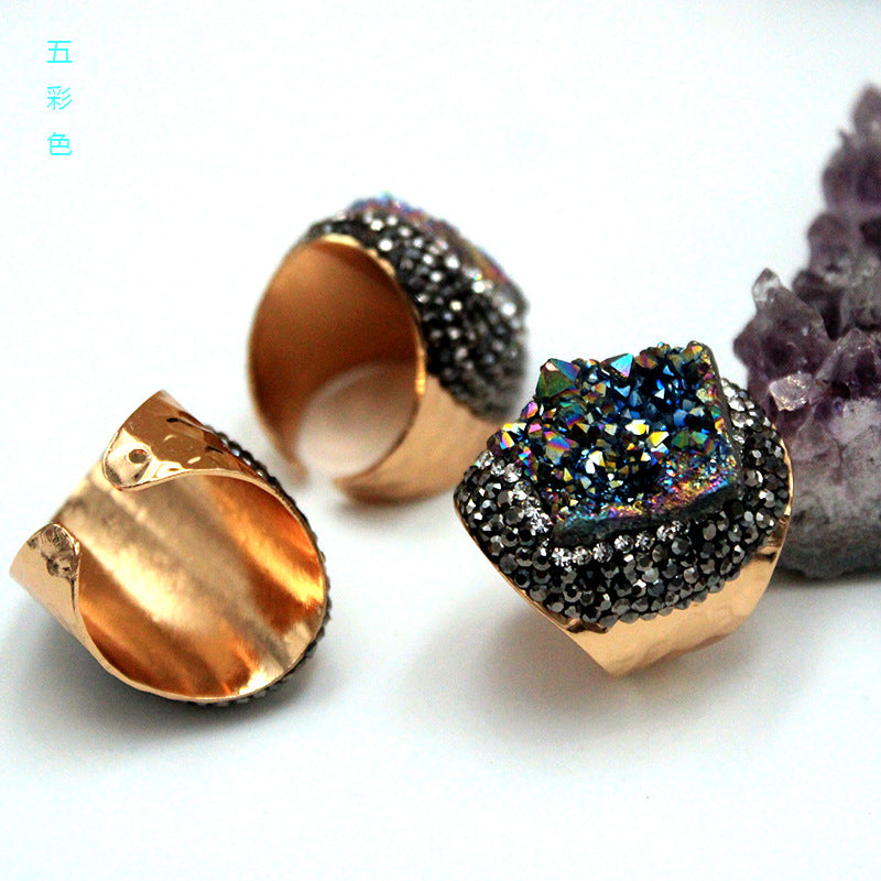 Natural Crystal Geode Cluster Ring, Beautiful Stone Cluster with Diamonds, Geode Gold-Plated Handmade Ring