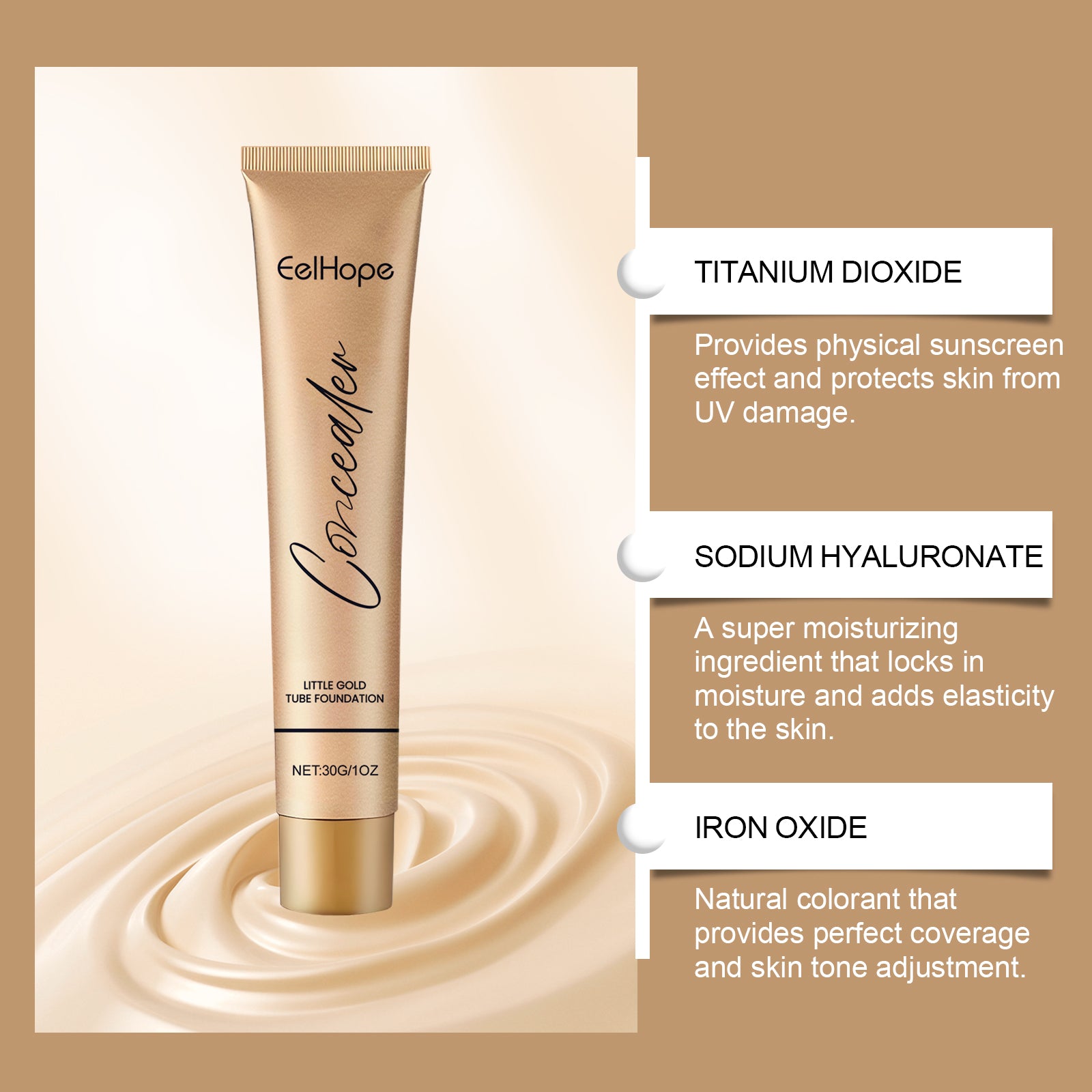 Gold Foundation Concealer, Natural Lightweight Skin Concealer Makeup, Moisturizing Liquid Foundation