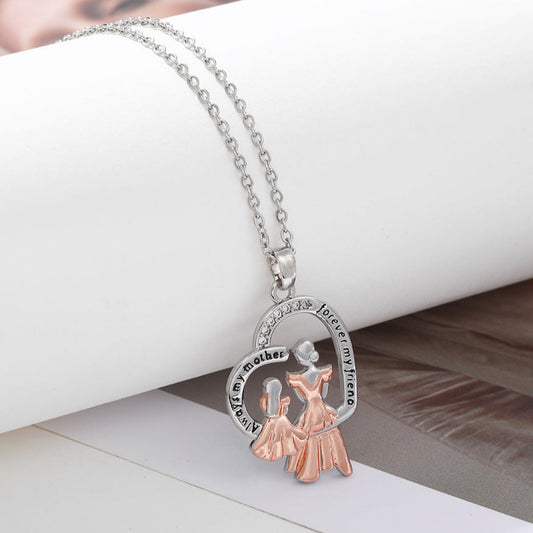 Mother & Daughter Gift Necklace "Always my mother, Forever my friend" Silver Rose Gold Zircon Figures Pendant