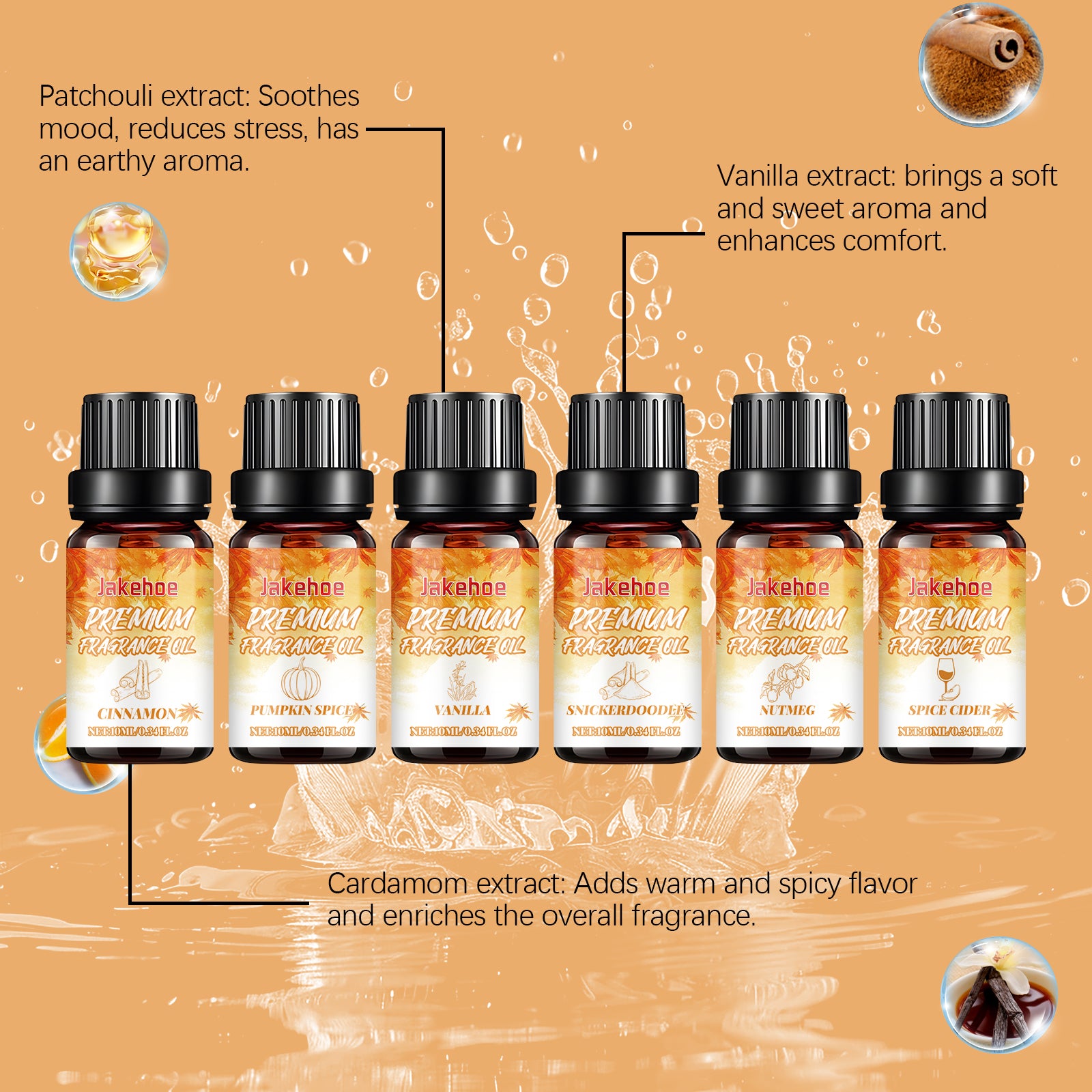 Fall Autumn Essential Oil Blend Set - Cinnamon, Sandalwood, Pumpkin, Vanilla, Apple