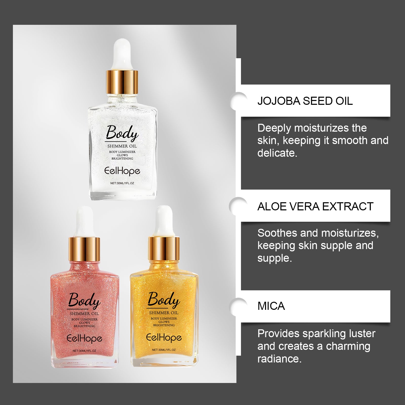 Body Shimmer Oil Moisturizer, Facial and Body Liquid Highlighter, Vitamins, Aloe, Jojoba Oil for Skin Care